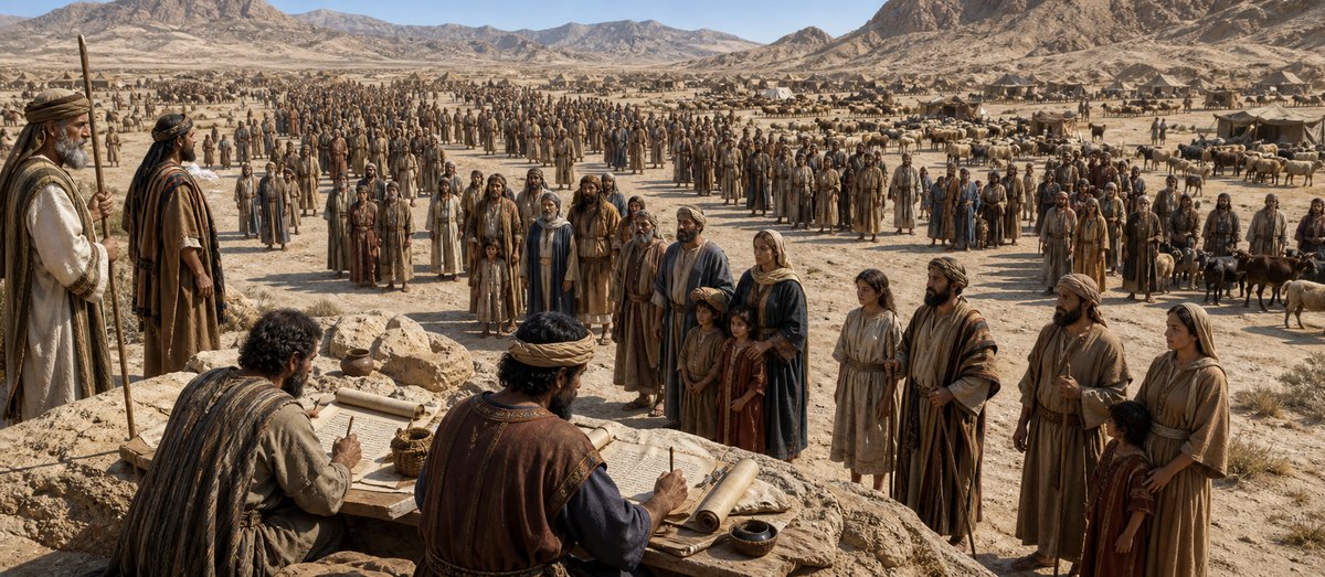 Illustrative reconstruction of Israel’s tribal muster, with scribes recording representative family groups. The image establishes the census scene without assigning an exact visible headcount.