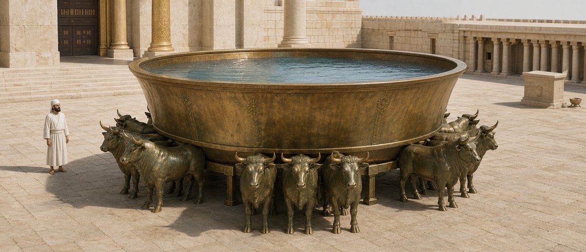 The immense Bronze Sea resting on twelve bronze oxen