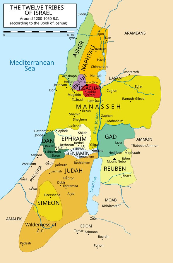 Tribal allotments described in Joshua 13–19, before Dan's later move north. The map shows assigned inheritances, not completed conquest or continuous occupation. Its printed date range is the map creator's convention, not a date calculated by this entry. Map by Richardprins and contributors, based on work by Kordas, user יוסי, and Janz; Wikimedia Commons; CC BY-SA 3.0. Modified for this American edition by replacing the dual-unit scale with a miles-only scale; derivative licensed CC BY-SA 3.0.