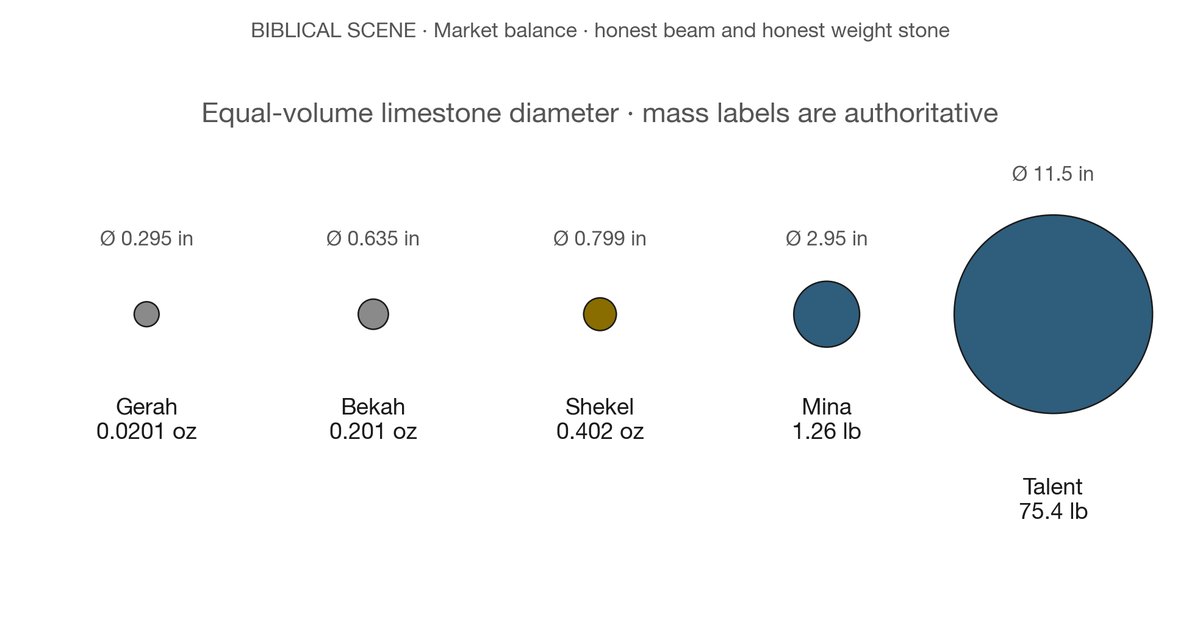 The five weights at the book's shekel of a stated quantity, drawn at relative volume for a limestone weight stone. The gerah is 1/20 of the shekel; the talent is 3,000 of them.