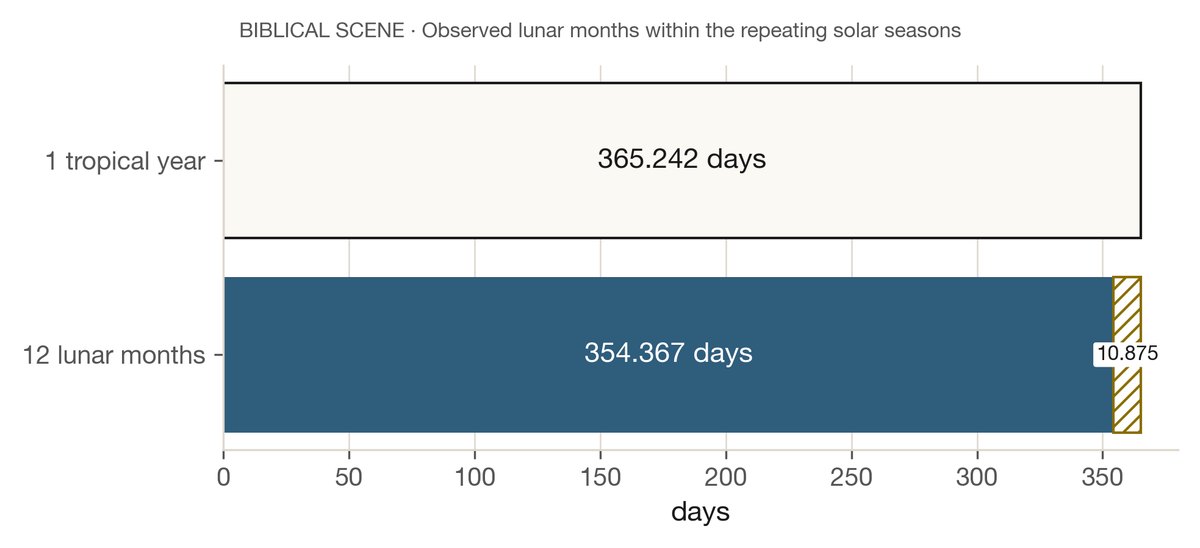 Twelve synodic months set against one tropical year, drawn to scale, with the 10.875-day gap shown as the remainder. Both figures are means; individual lunations vary.