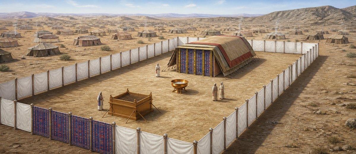 Illustrative reconstruction of the Tabernacle courtyard, sanctuary tent, bronze altar, and basin. The scene establishes the portable worship complex; later figures retain the stated dimensions and transport calculations.