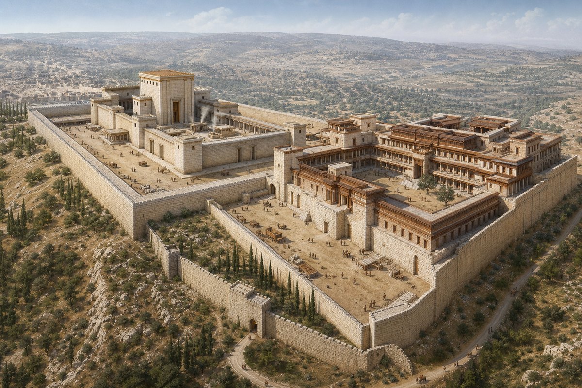 High-oblique reconstruction of Solomon’s Temple and palace complex in Jerusalem. Relative placement and architectural details are illustrative rather than a surveyed site plan.