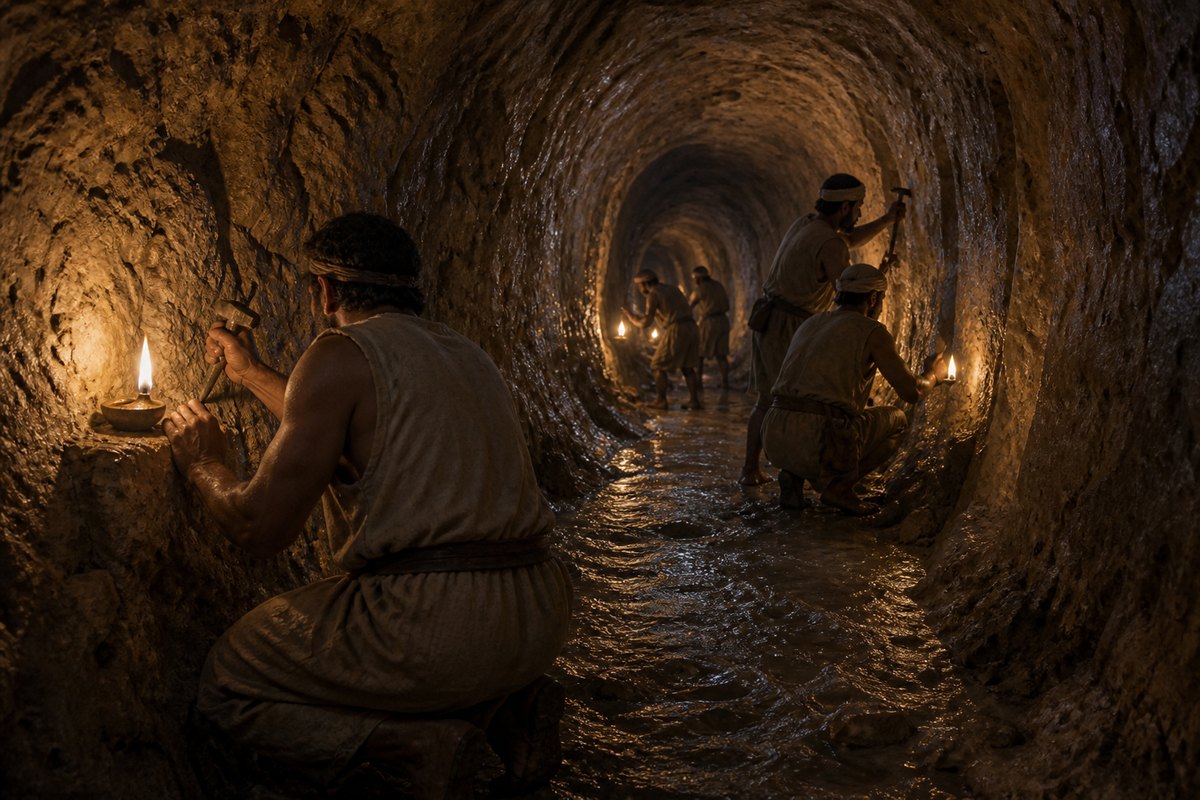 Illustrative reconstruction of workers approaching through Hezekiah's irregular rock-cut water tunnel by lamplight. The precise excavation method and meeting point are not established by the image.