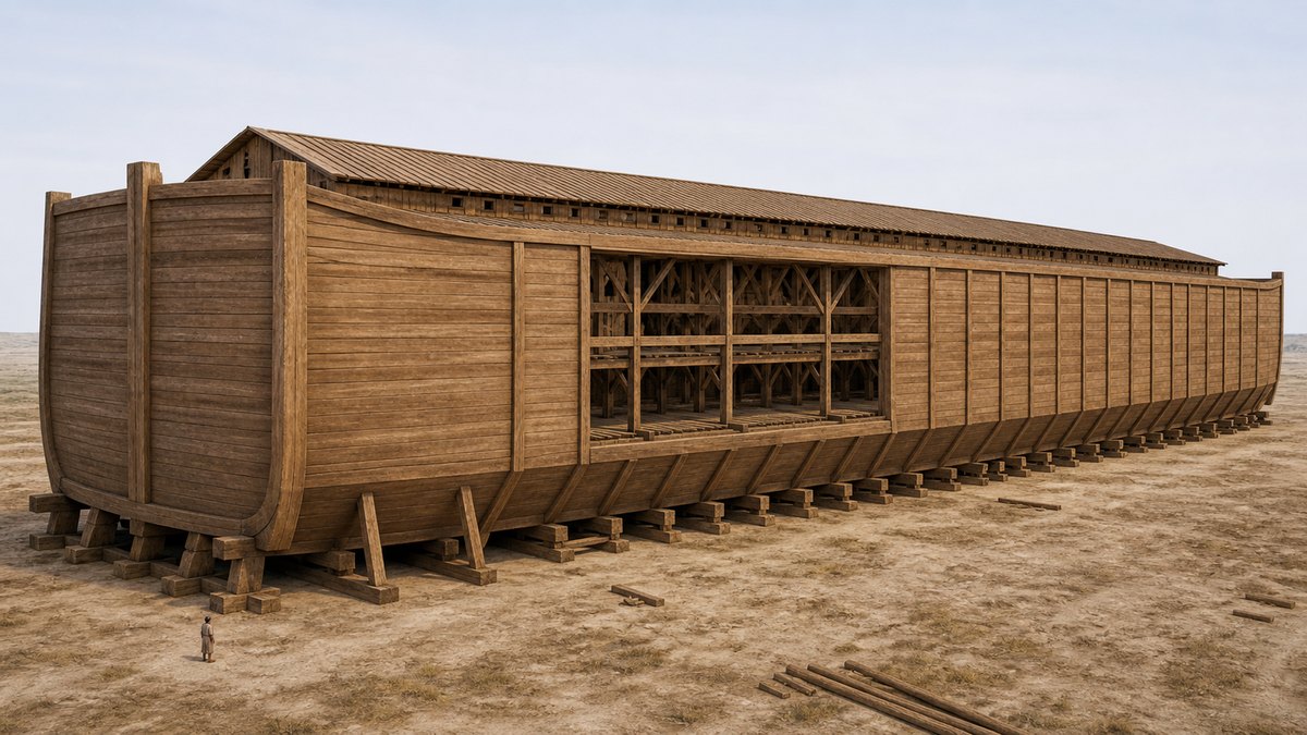 Engineering reconstruction of the vessel within the stated 300-by-50-by-30-cubit proportions, with a human figure for scale. The timber form is illustrative; the dimensions remain the controlling data.
