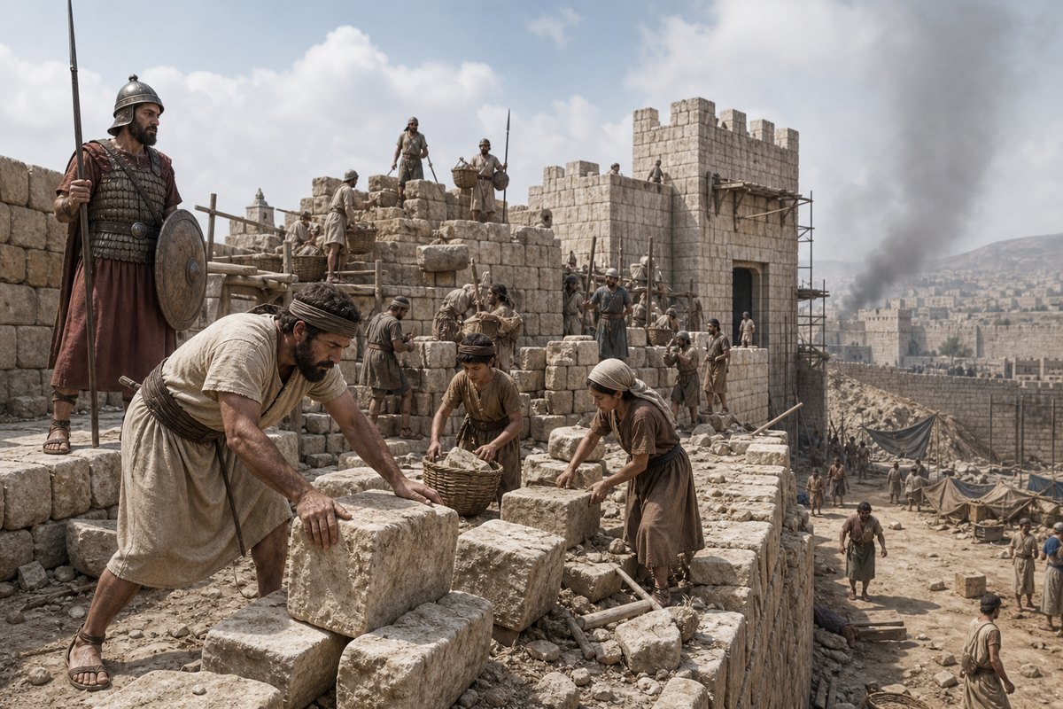 Illustrative reconstruction of families and tradesmen rebuilding Jerusalem's damaged wall while an armed watch remains nearby. Architectural and working details are representative.