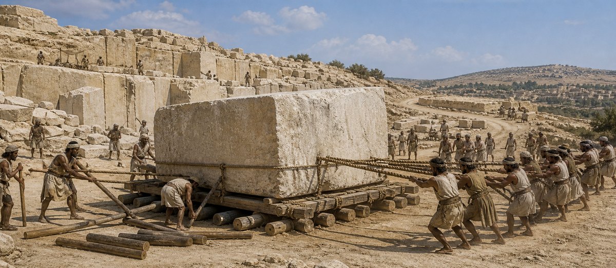 Illustrative reconstruction of a large dressed stone leaving a quarry on a timber sledge and rollers with workers, ropes, and levers. The passage does not specify this method or block size; later calculations remain per unit of mass.