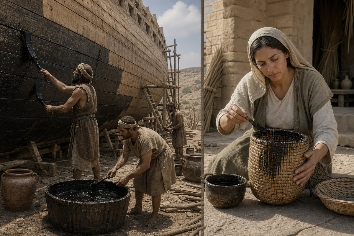 Illustrative comparison of workers coating a timber hull with bitumen and a reed basket being sealed with a dark coating. The vessels belong to separate biblical accounts, and unstated construction details remain illustrative.