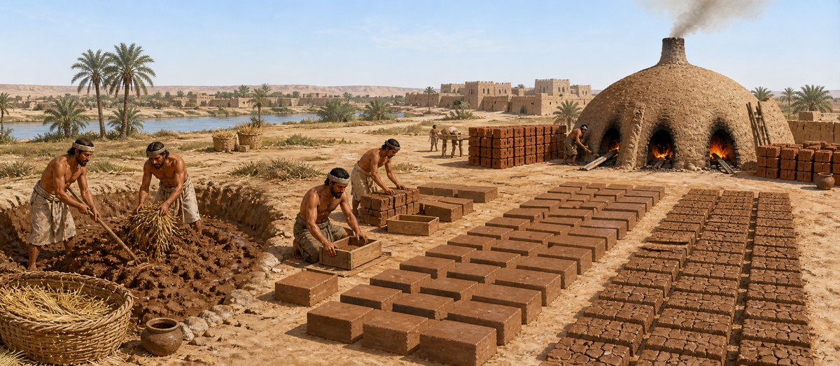 Reconstruction of an ancient brickmaking yard: clay and straw mixing, molding, sun drying, and kiln firing appear in one scene. The later strength and temperature figures remain working comparisons.