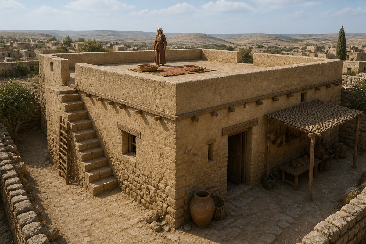 Reconstruction of an occupied ancient flat-roof house with a continuous parapet clearly protecting the roof edge. No biblical parapet height is assigned; later figures provide the modern height and fall comparisons.