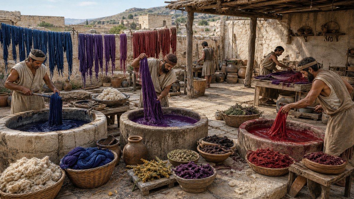 Illustrative reconstruction of an ancient dye workshop producing blue, purple, and scarlet yarn and cloth. Exact recipes, shades, and sanctuary placements are not asserted.