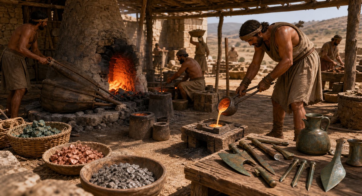 Illustrative reconstruction of ancient bronze production from copper and tin materials through furnace, crucible, casting mold, and finished objects. Alloy percentages in later figures are working comparisons, not stated compositions.