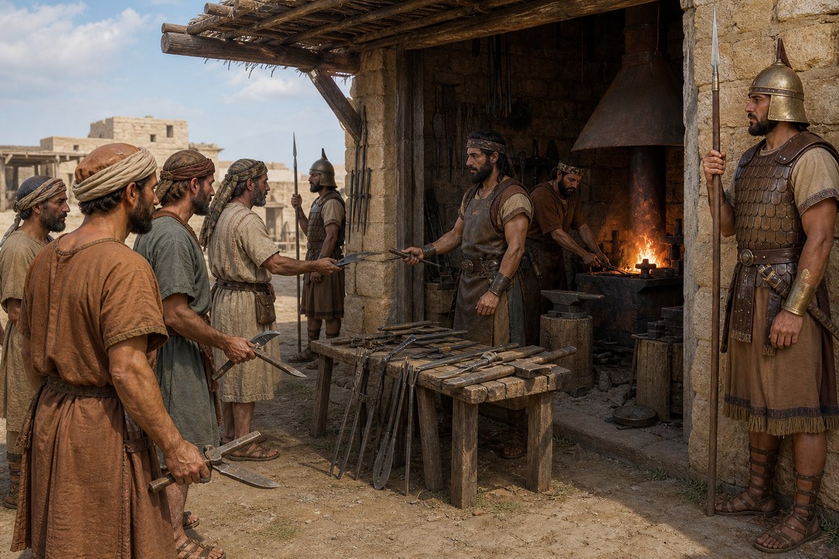 Reconstruction of Israelite farmers bringing iron tools to a guarded Philistine smithy during the restriction described in 1 Samuel 13. The scene applies to this historical crisis, not every period of Israel’s history.