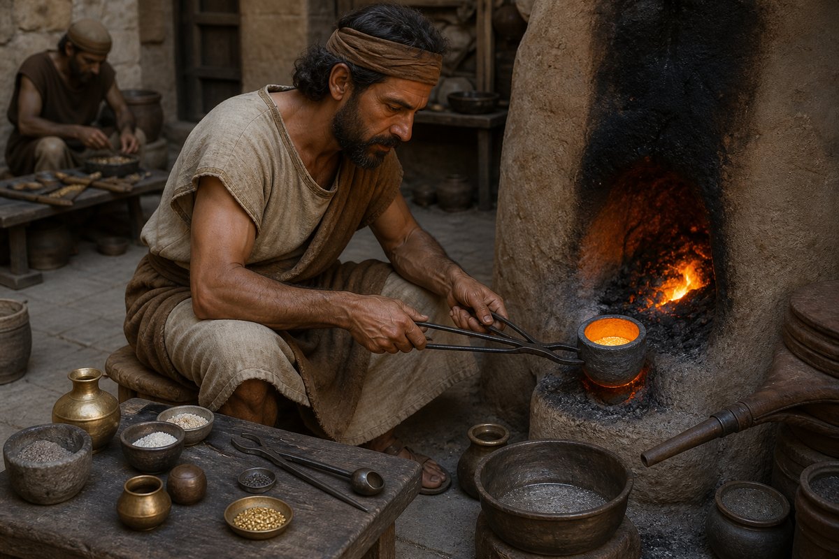 Illustrative reconstruction of an ancient refiner watching a crucible and furnace. Tools and materials are representative; gold and silver did not necessarily use identical processes.
