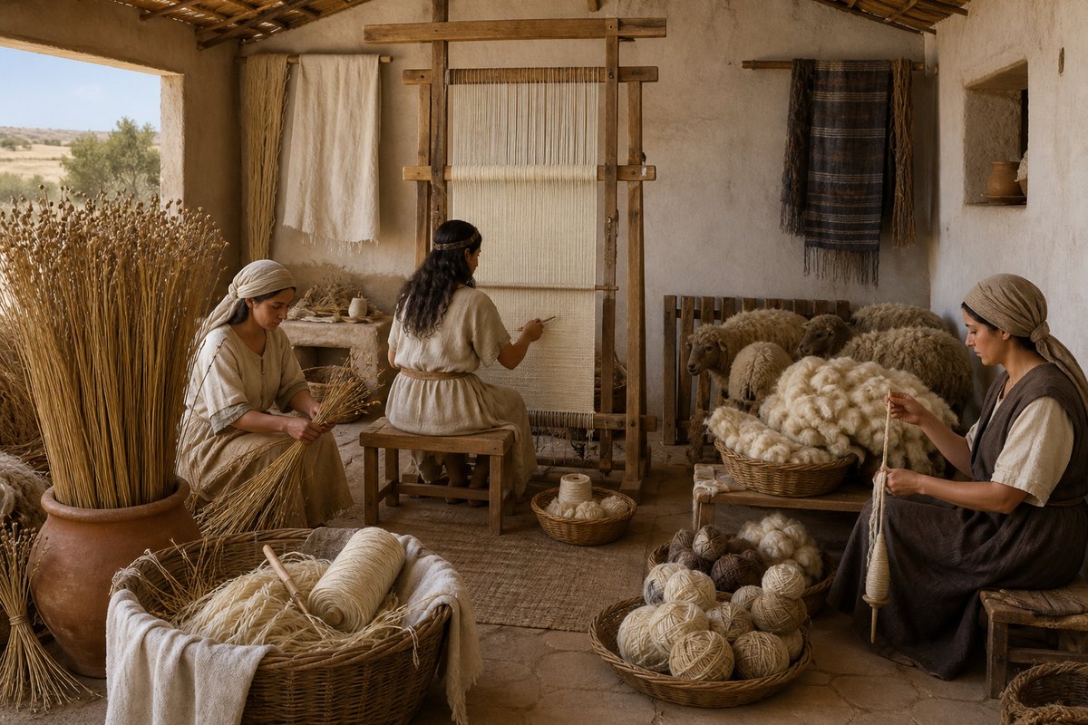 Reconstruction of linen and wool as visibly distinct ancient textile systems—from flax and fleece to thread and loom. The material comparison does not claim to disclose the reason for the command.