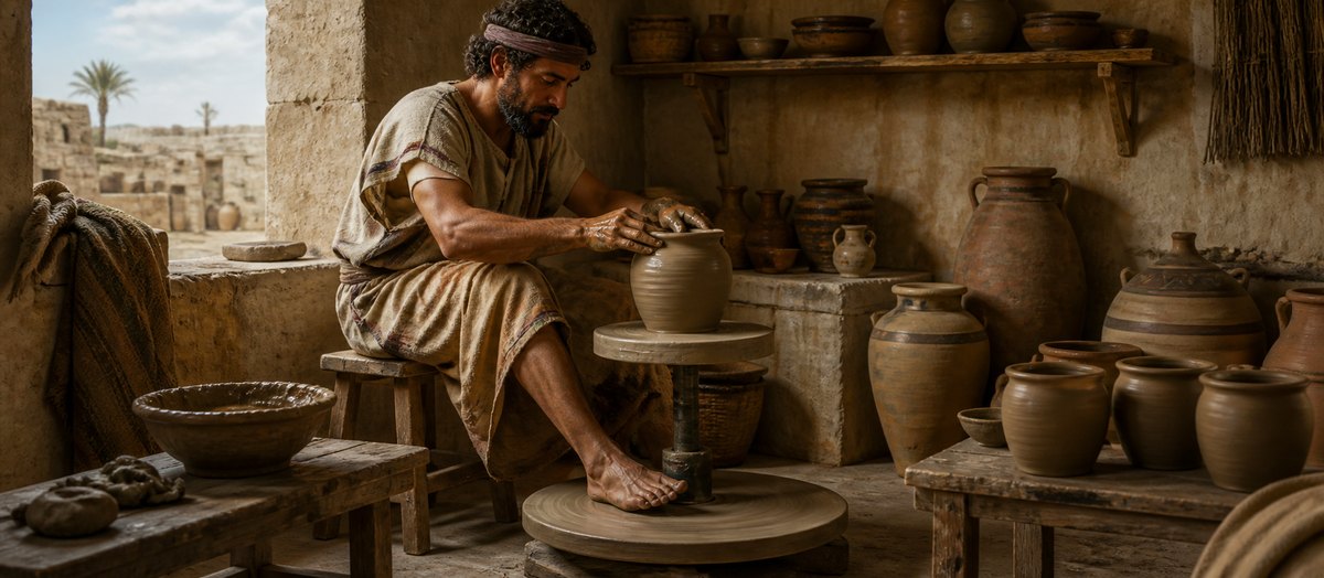 Reconstruction of an ancient potter shaping a vessel on a foot-driven wheel, surrounded by clay and vessels at several stages. The particular workshop and vessel forms are illustrative.