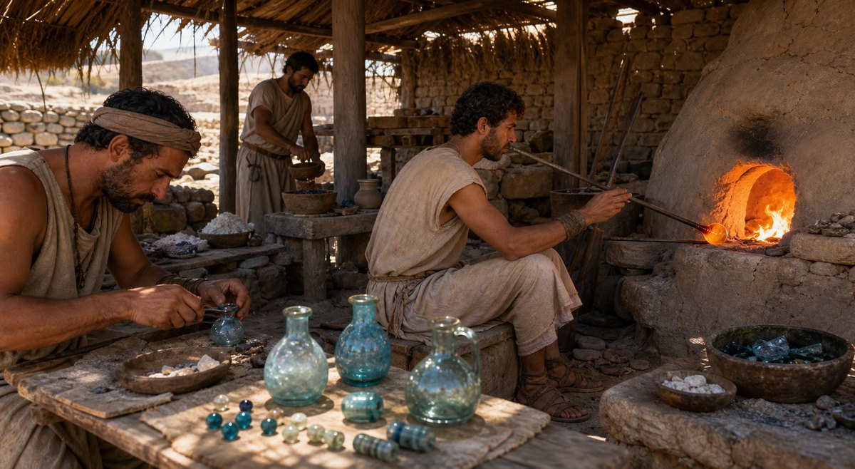 Illustrative reconstruction of an early glass workshop with furnace, molten glass, forming tools, beads, and imperfect vessels. It is a technological comparison, not a claim about the exact process used in Job’s period.