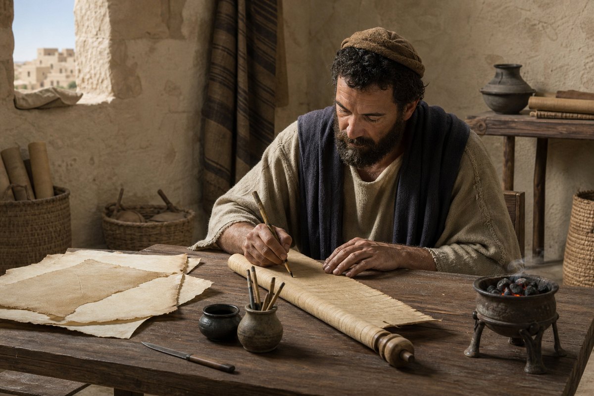 Illustrative reconstruction of an ancient scribal workspace with papyrus, parchment, reed pens, ink, a knife, and a brazier. The materials are shown together for comparison, not as one biblical scene.