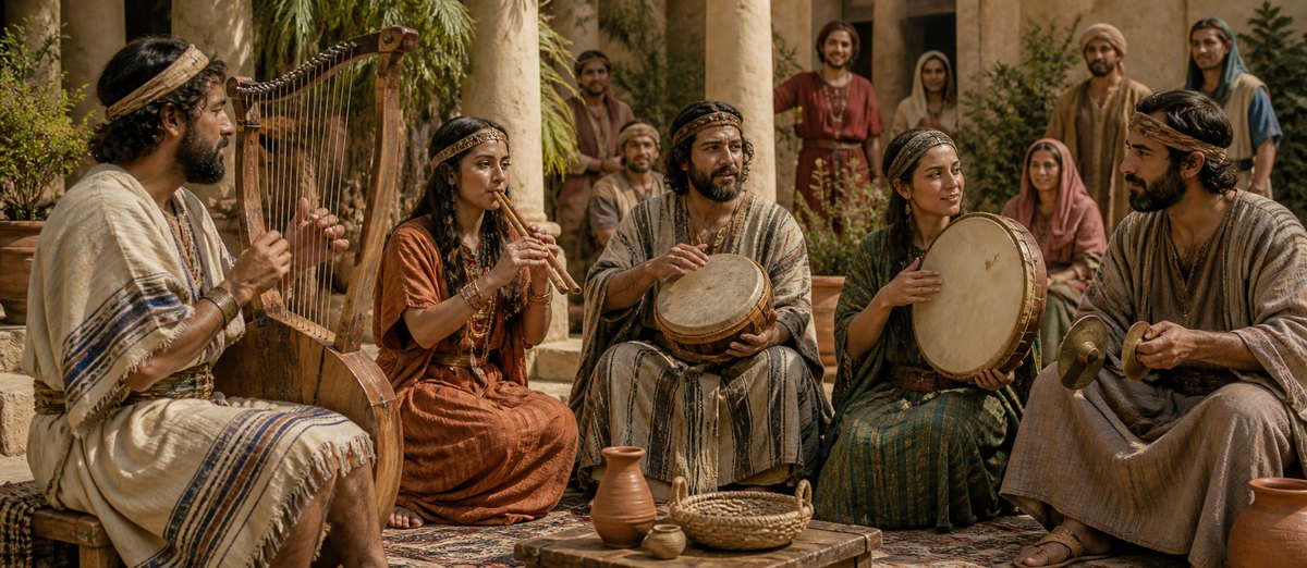 Illustrative reconstruction of ancient string, pipe, drum, and cymbal players. Instrument forms are plausible comparators and do not claim exact reconstruction of every named biblical instrument.