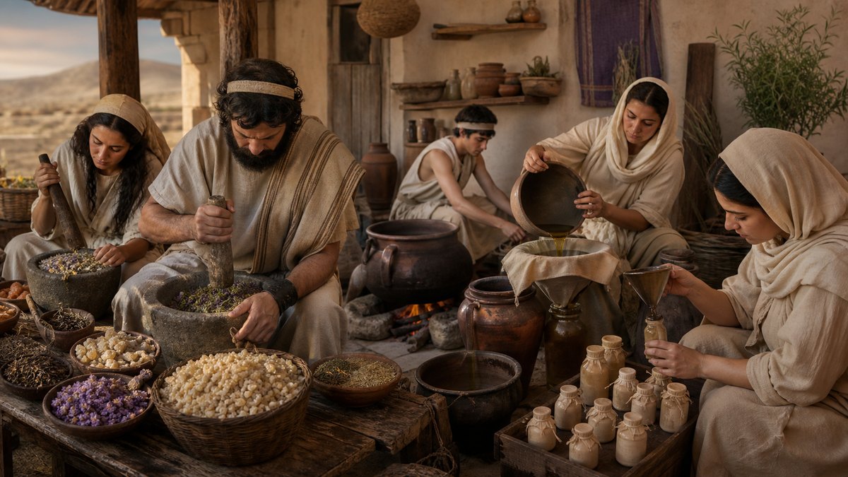 Illustrative reconstruction of crushing aromatics, warming oil, filtering an infusion, and filling sealed vessels. Vessel forms, exact method, and extraction yield are not stated.
