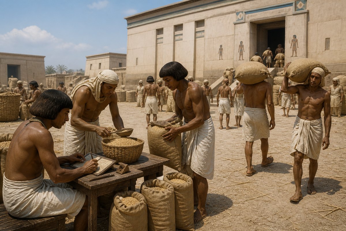 Illustrative reconstruction of Egyptian workers receiving, measuring, recording, and storing grain during the abundant years. The organized activity is central; the particular granary design is not asserted.