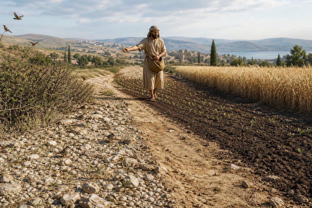 Illustrative reconstruction of a sower working across path, rocky soil, thorny margin, and good earth. The continuous landscape makes the narrative settings recognizable without claiming one surveyed field.