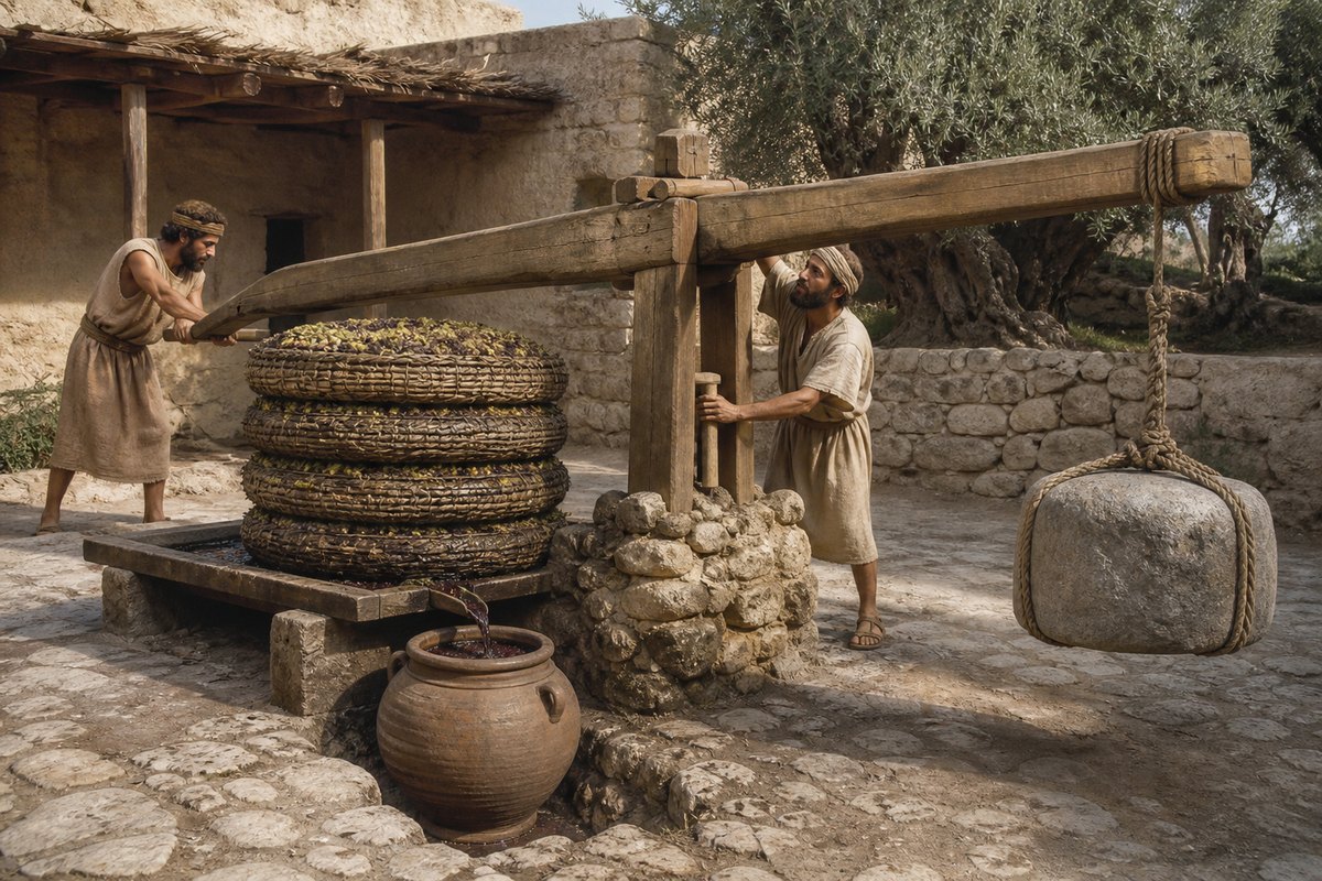 Illustrative reconstruction of a recognizable ancient beam press with stacked baskets, timber lever, stone weight, workers, and collection vessel. Later figures preserve the declared lever dimensions and ideal force calculation.