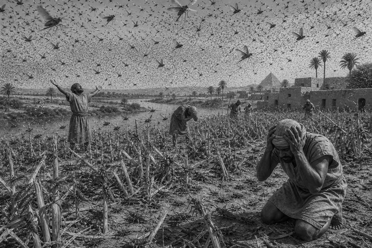 Illustrative reconstruction of the extraordinary locust swarm darkening Egypt's sky and consuming its vegetation. The scene depicts the plague as described without proposing a natural cause.