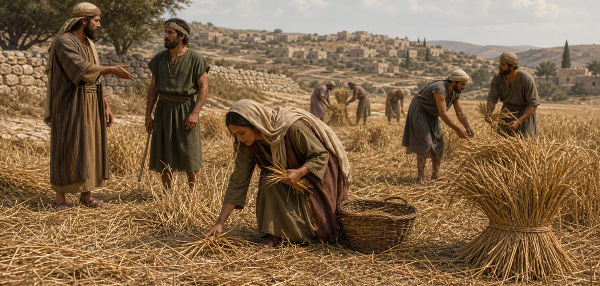 Illustrative reconstruction of Ruth gleaning behind the reapers while Boaz speaks with his workers. Clothing, tools, field layout, and settlement are plausible visual details rather than a recovered image of the event.