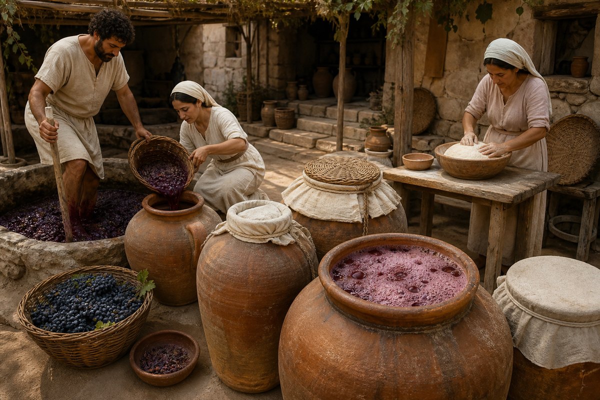 Illustrative reconstruction of grapes, juice collection, covered storage jars, active fermentation, and rising dough. The passage does not specify vessel design, yeast culture, duration, or production method.