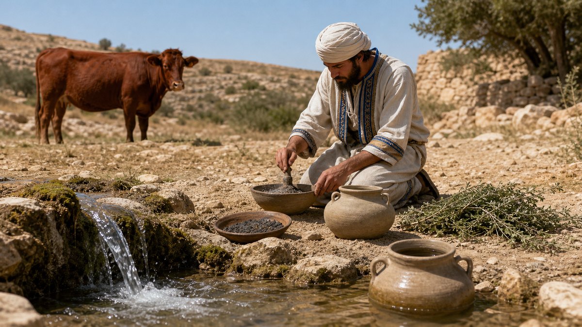 Restrained reconstruction of ash preparation near a water source. The stream is illustrative context, not a claim that Numbers 19 required riverside preparation; Numbers 19 and Leviticus 15 remain distinct.