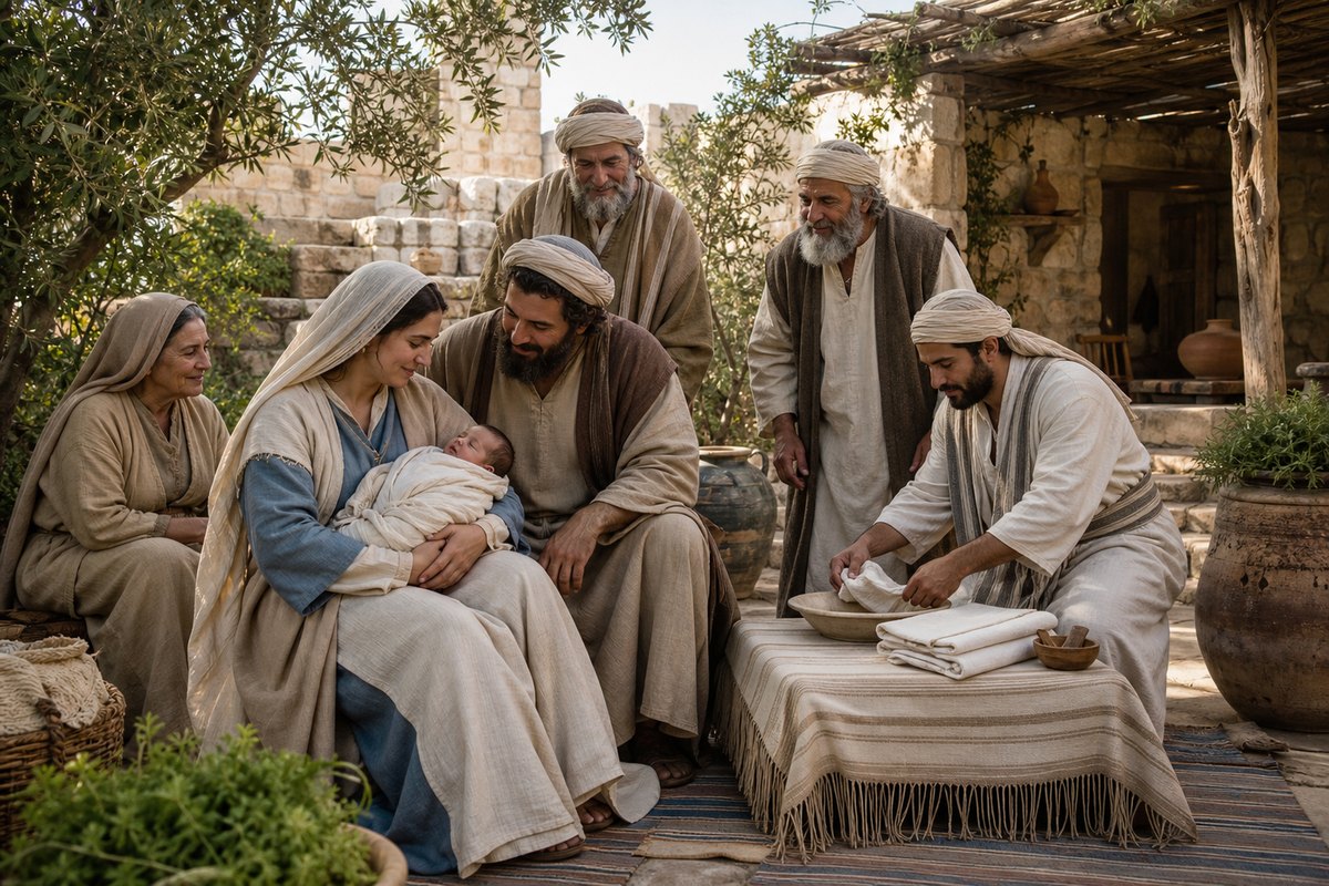 Respectful reconstruction of an ancient family preparing for the commanded eighth-day observance; the procedure itself is not shown. Later physiological comparisons do not claim to explain the reason for the command.