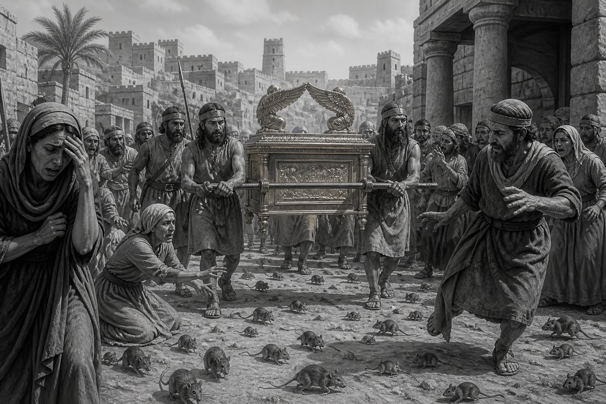 Illustrative reconstruction of the captured Ark entering a Philistine city amid distress and visible mice. Disease is depicted non-graphically, and unstated architectural details are illustrative.