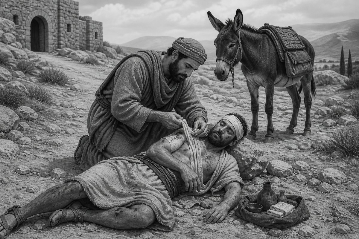 Illustrative reconstruction of the Samaritan tending the wounded traveler with wine, oil, and bandages beside the road. The treatment is shown compassionately and without graphic injury.