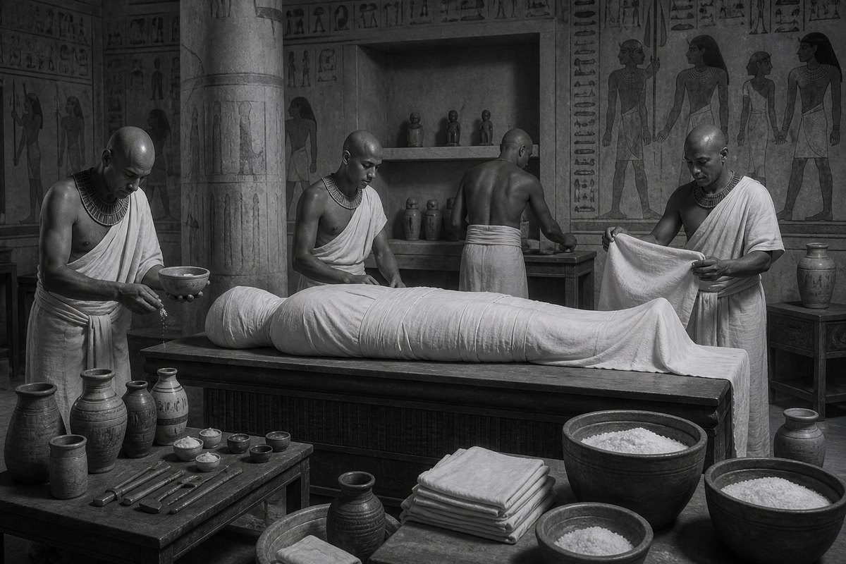 Illustrative reconstruction of a respectful Egyptian embalming workspace with linen, vessels, and natron. Comparative Egyptian practices are not presented as details stated in Genesis.