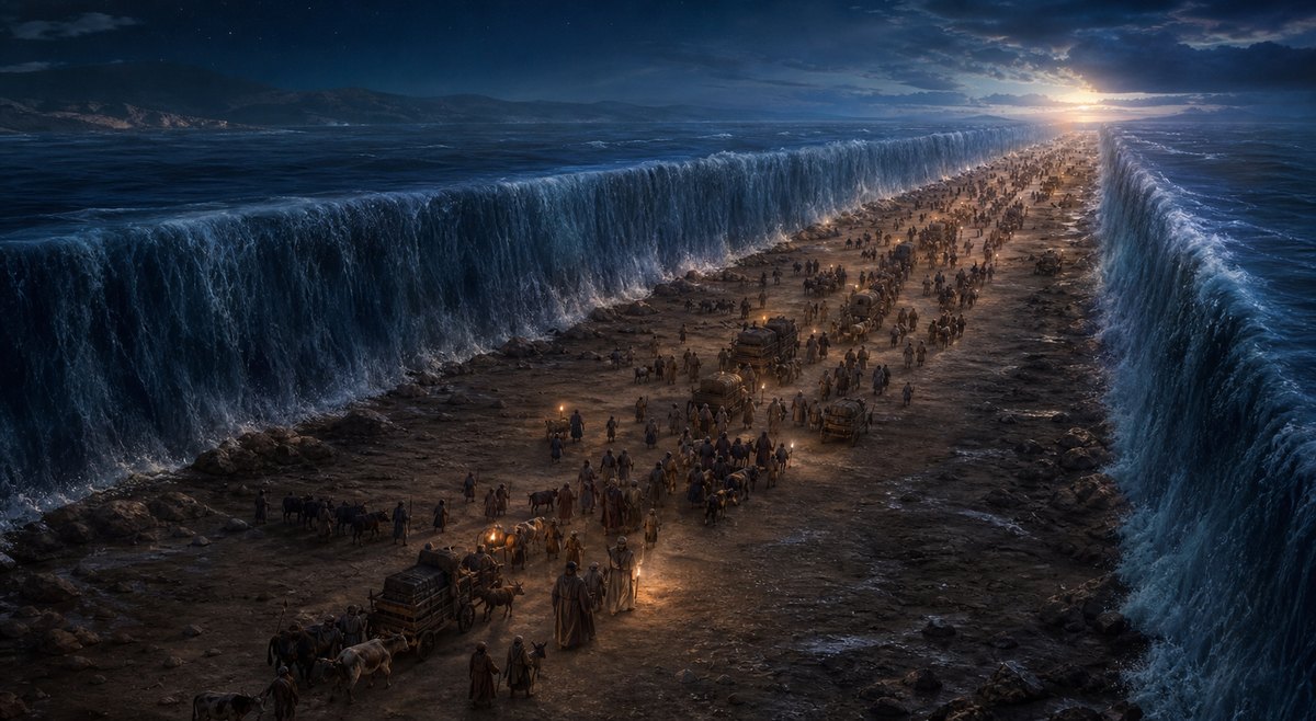 Israelites crossing a dry corridor between walls of water