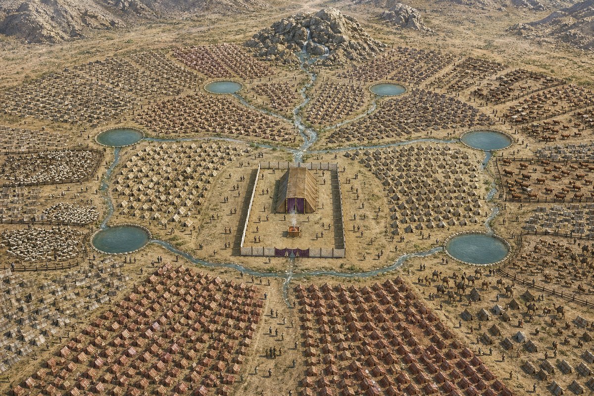 Aerial reconstruction of the modeled wilderness camp, with the Tabernacle, tents, animal areas, rock source, flowing channels, and six collection ponds. Tribal order is biblical; the logistics layout is an explicit assumption.