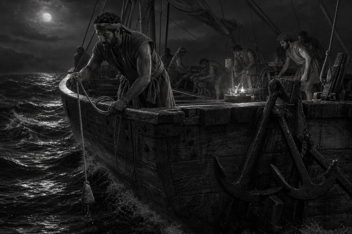 Illustrative reconstruction of a sailor lowering a weighted sounding line from an ancient cargo vessel in darkness and rough weather. The unseen Maltese coast remains indistinct.