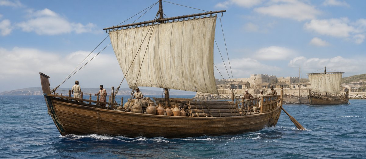 Illustrative reconstruction of a plausible ancient cargo vessel carrying timber, amphorae, and trade goods. The identity of a ship of Tarshish, its route, and Ophir’s location remain uncertain.