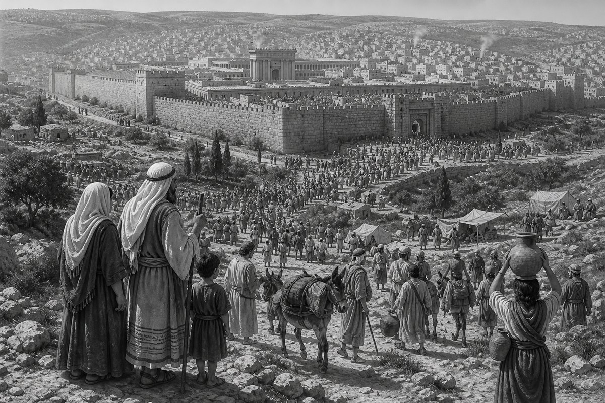 Illustrative reconstruction of Jerusalem during Passover, with crowded approaches, visiting families, animals, water carriers, and temporary lodging. The density is representative rather than a measured population.