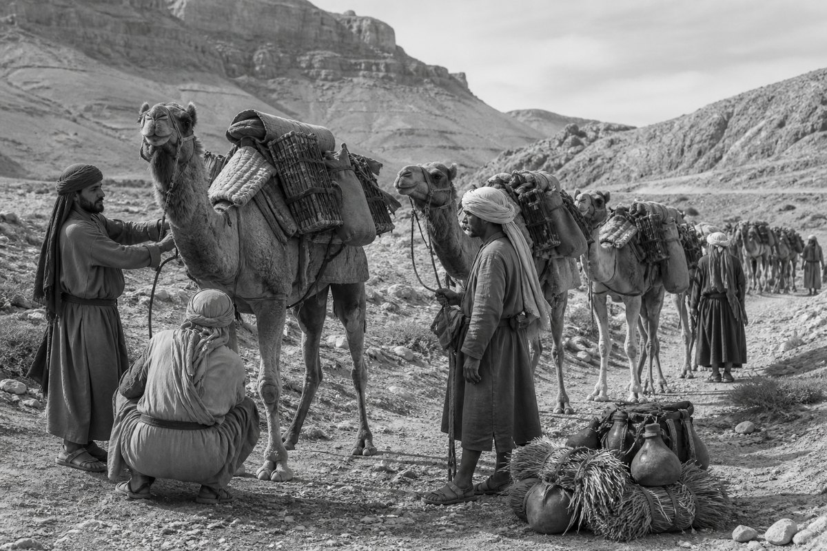 Illustrative reconstruction of a camel caravan carrying compact merchandise together with water and fodder. The load division is visible, but no exact cargo weight is asserted.
