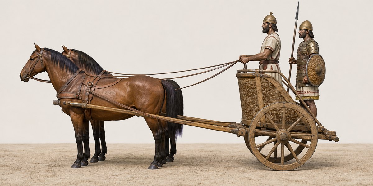 Measured-style reconstruction of a two-horse light chariot with driver, warrior, spoked wheels, axle, open platform, pole, yoke, and harness. The later technical figures retain the working measurements and force model.
