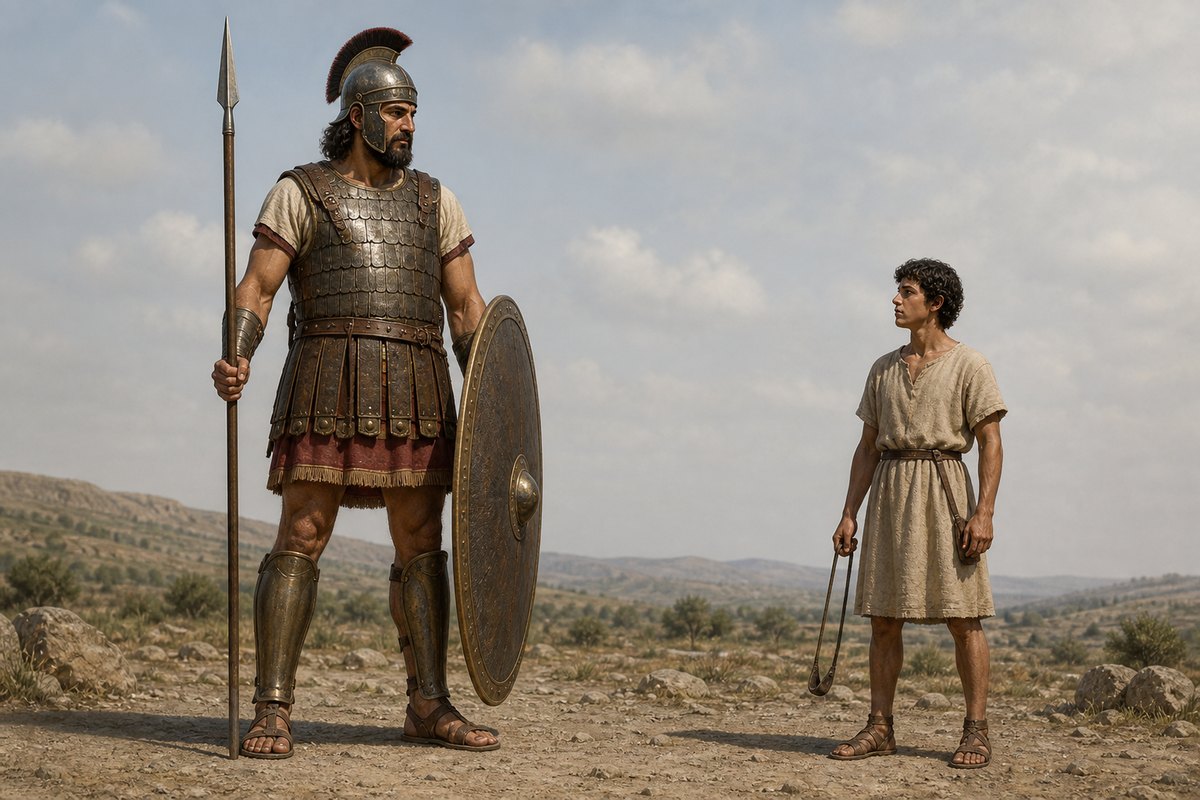 David's sling and Goliath's armor shown for comparison