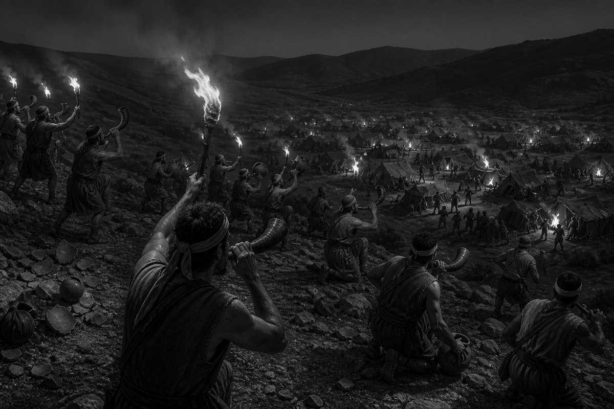Illustrative reconstruction of Gideon's force around the Midianite camp as torches are exposed, jars break, and trumpets sound. The surprise, coordination, and darkness follow the scene in Judges.