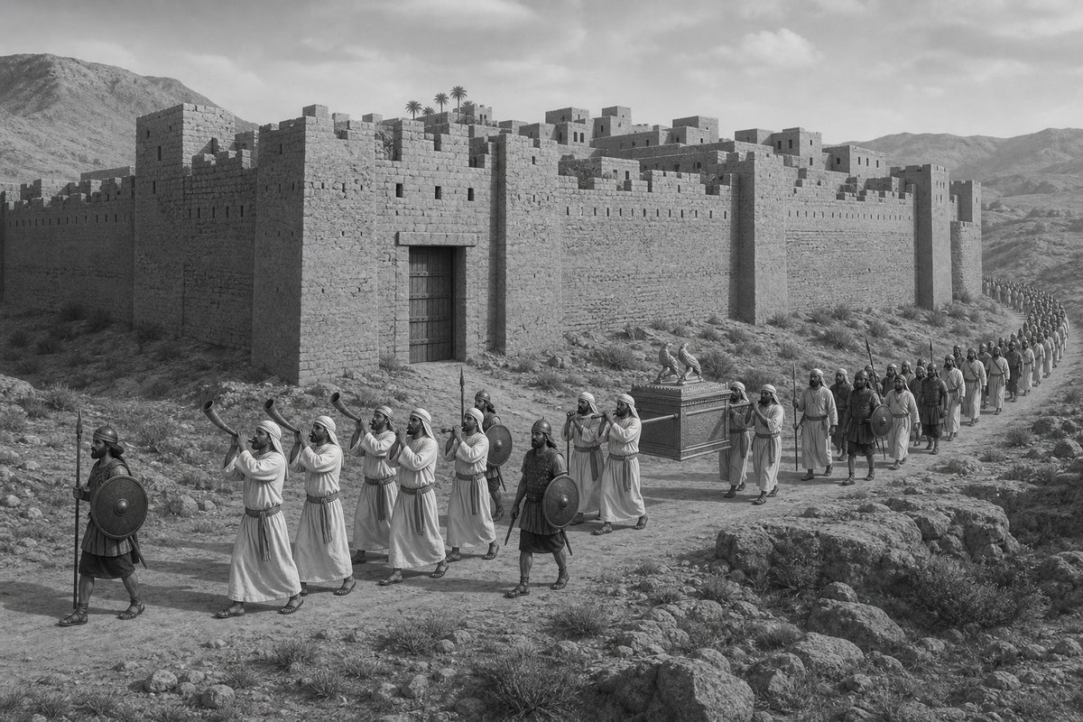 Illustrative reconstruction of the ordered procession around Jericho: armed guard, seven priests with trumpets, the Ark, and rear guard. The walls remain standing because this scene represents the circuits, not their fall.