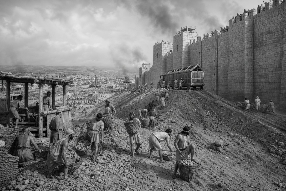 Illustrative comparison showing an earth ramp, workers moving fill, a battering device, defenders, and support camps. No single passage supplies every detail of this combined siege arrangement.