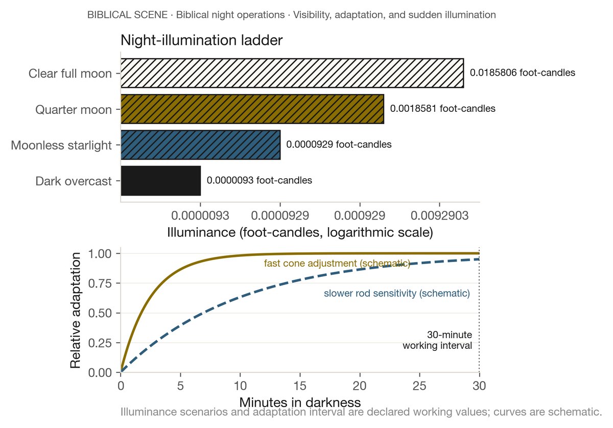 Night-illumination ladder from clear full moon to overcast darkness, with a thirty-minute dark-adaptation timeline beneath it.