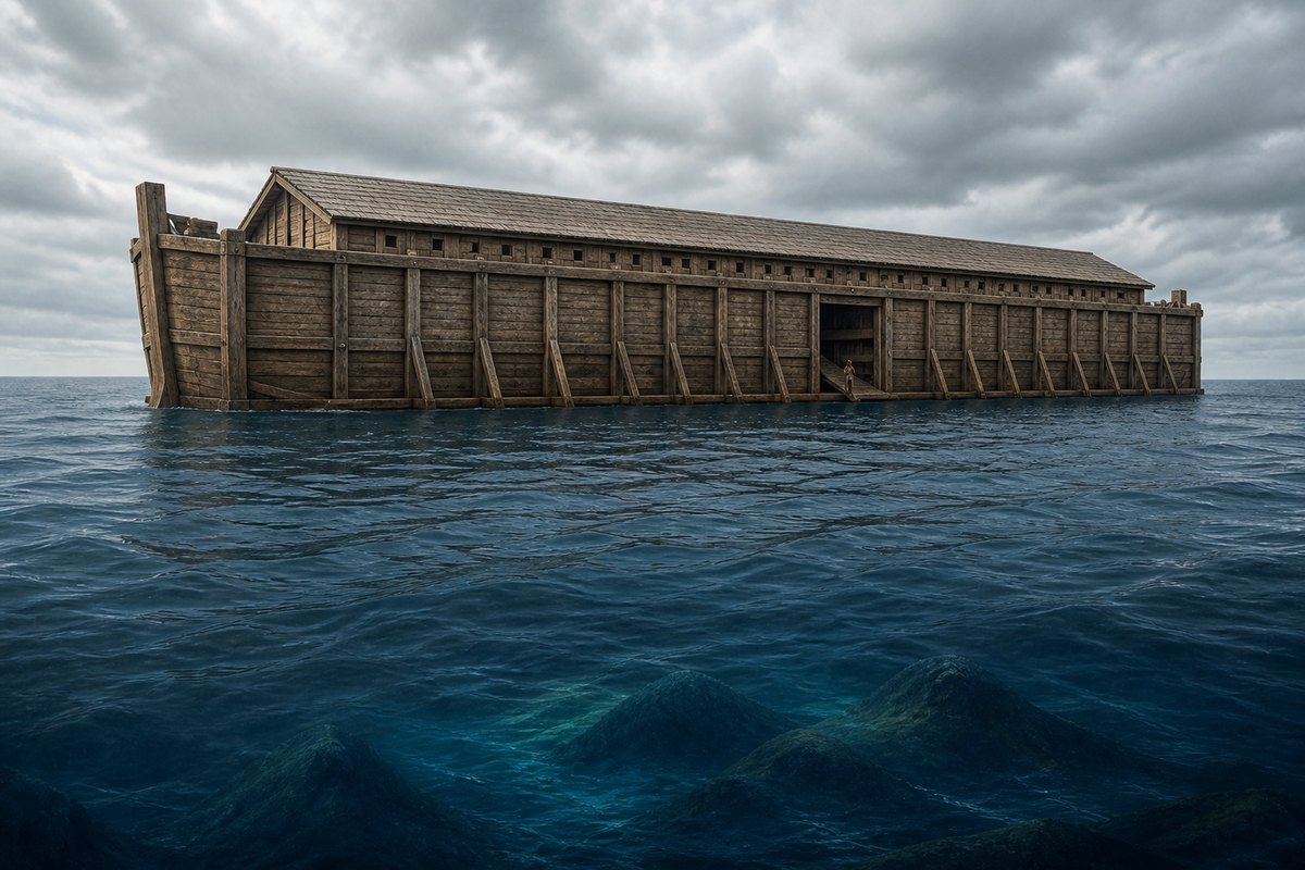 Engineering reconstruction of the Ark floating above submerged mountain summits under the book’s global-Flood premise. The vessel form is illustrative, and the image does not propose a physical mechanism for the miracle.