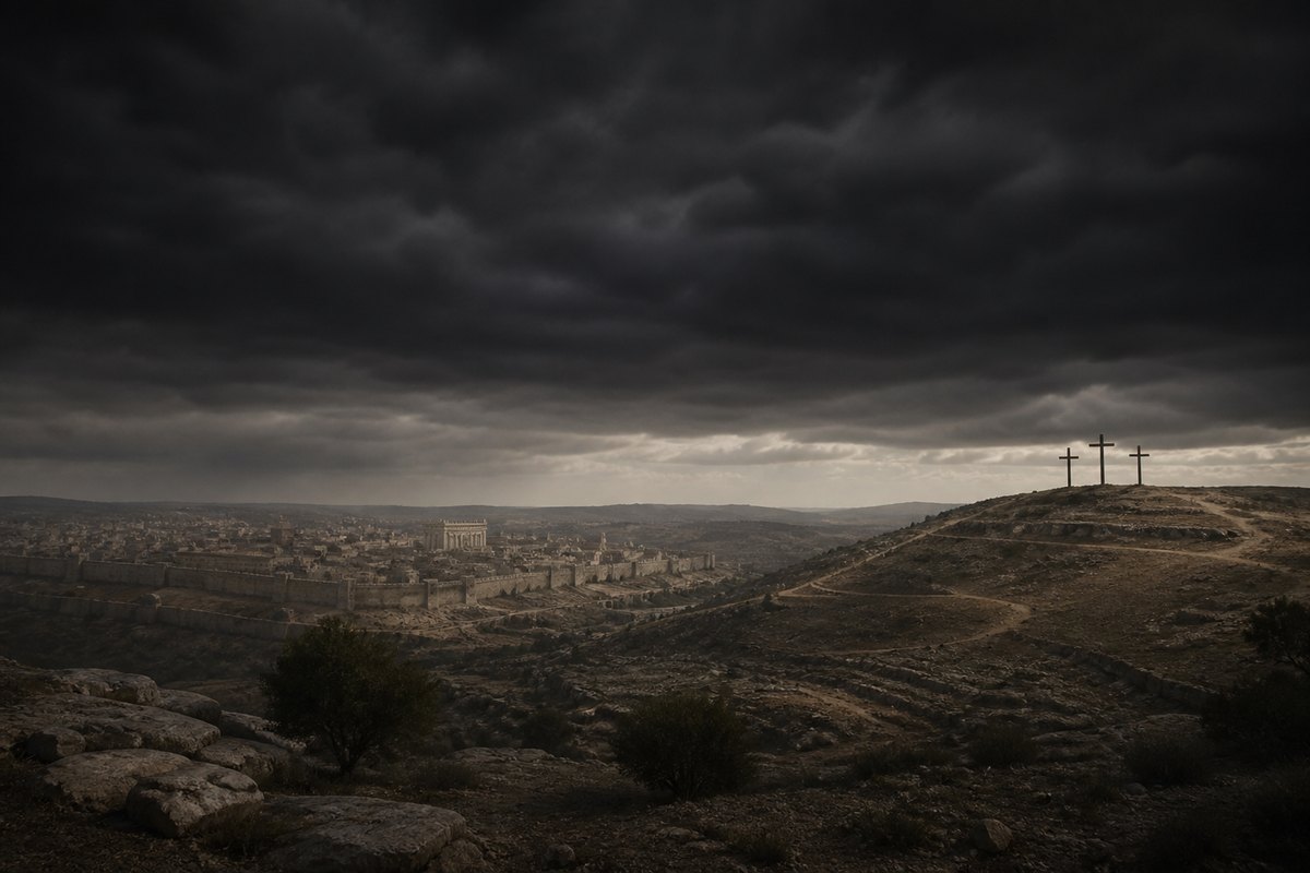 Restrained reconstruction of the crucifixion landscape during the stated three hours of supernatural darkness. The scene presents the described miracle without proposing an eclipse or other physical cause.