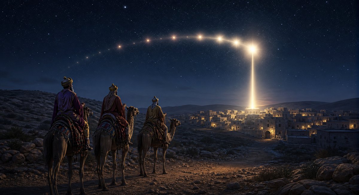 Reconstruction of the Magi approaching Bethlehem beneath a visibly moving supernatural light that comes to rest over one house. The image preserves literal guided movement without assigning a mechanism or speed.